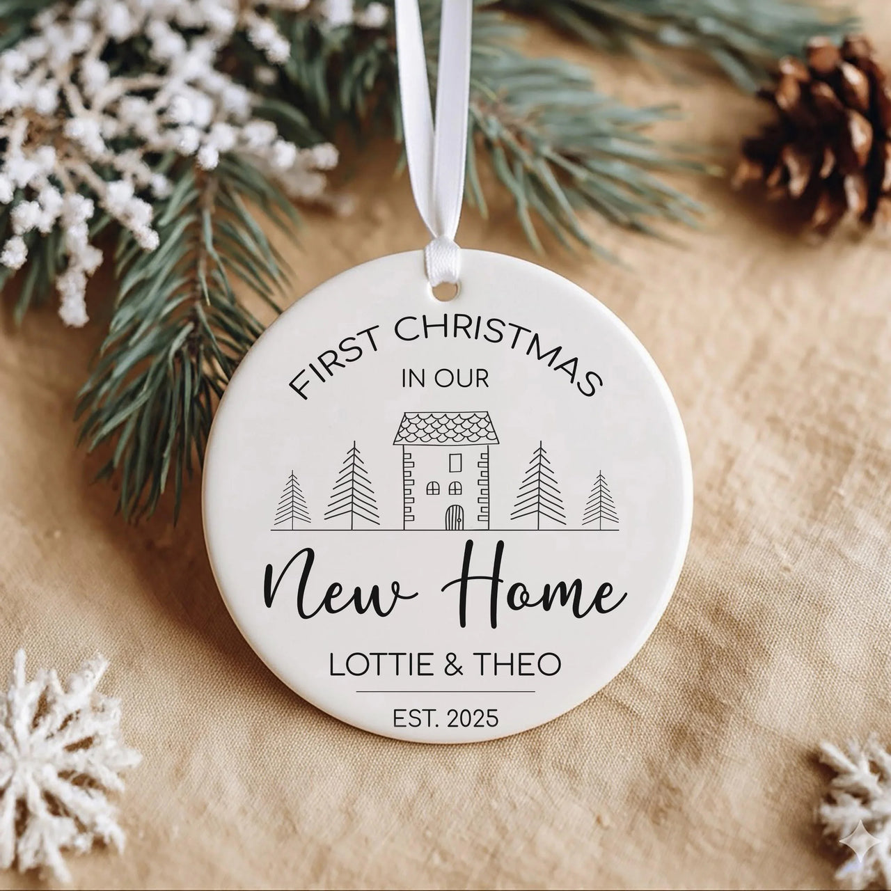 New Home Ornament - Minimalist House Keepsake with Names & Date for First Christmas