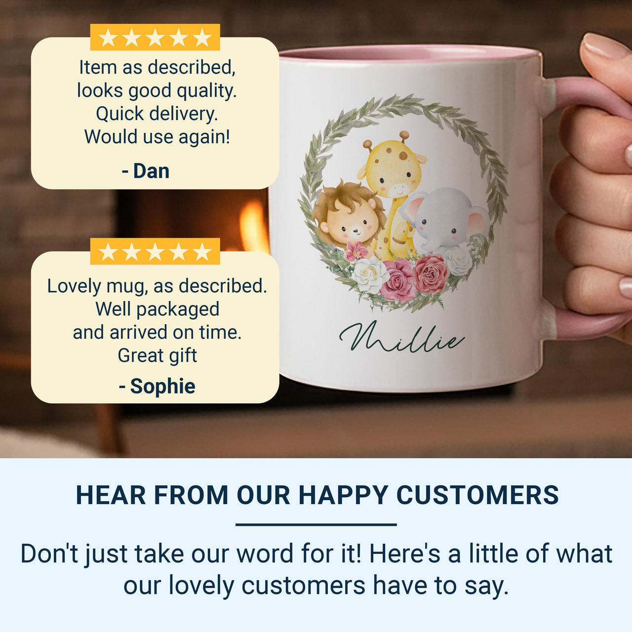 Personalised Baby Name Mug – Safari Animals with Floral Leaf Wreath – New Mum, Baby Shower and Christening Gift