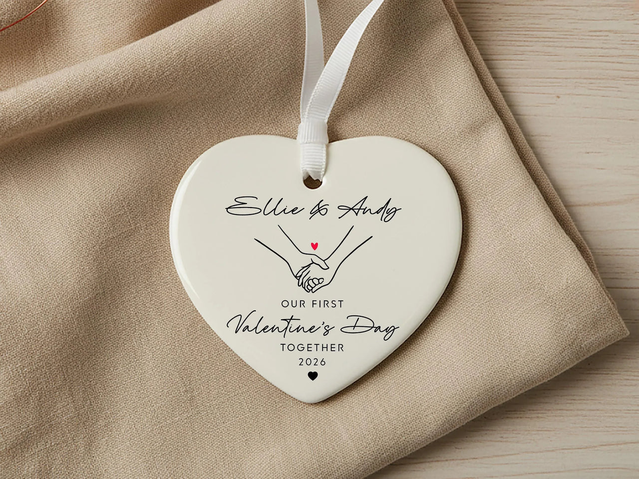 First Valentine Heart Ornament 2026 - Minimal Line Drawing with Names