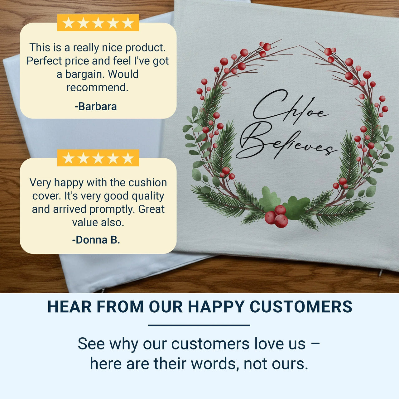 Personalised Christmas Cushion – Festive Seasonal Pillow with Pine Berry Decoration