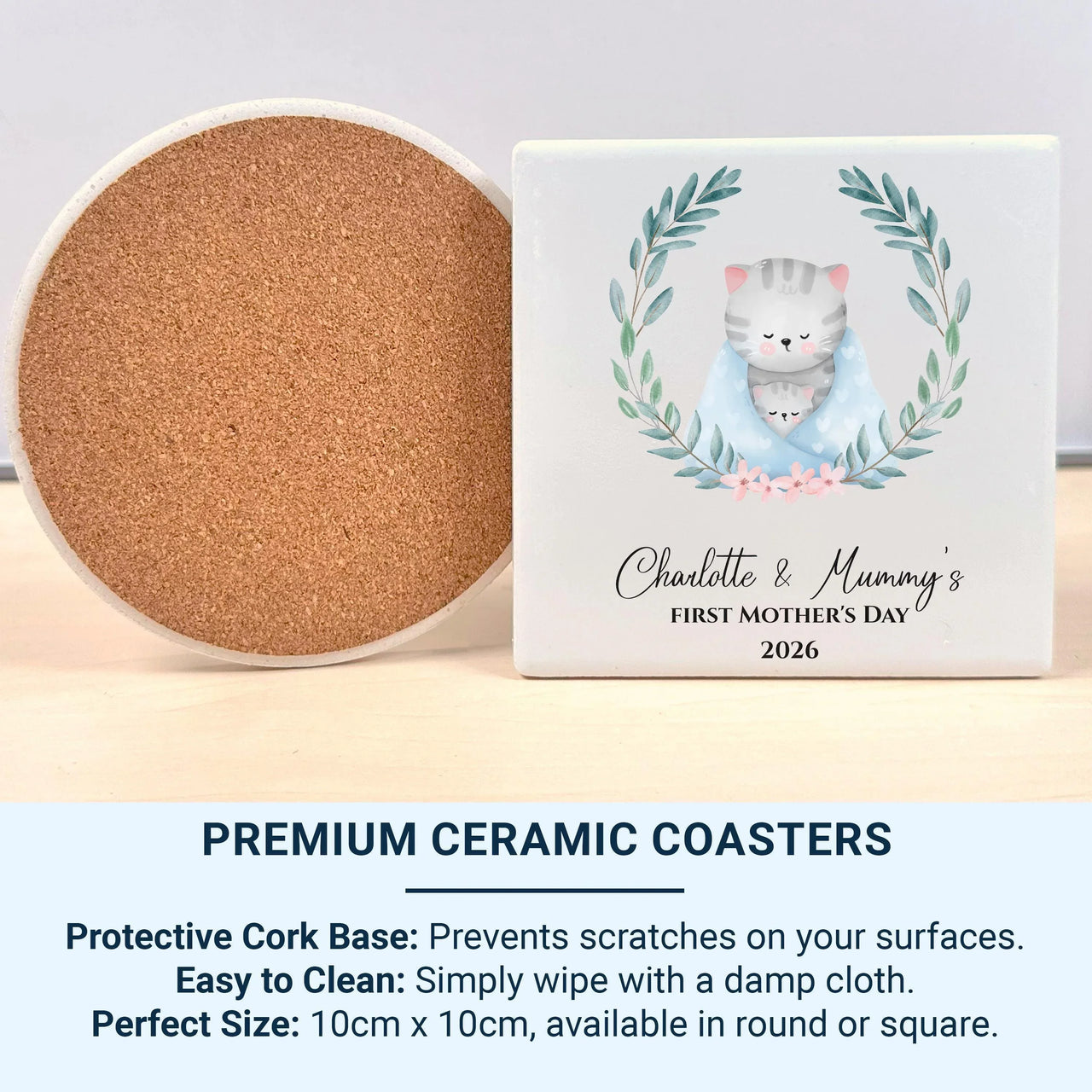 Personalised Mothers Day Mug – First Mothers Day Gift with Cats in Floral Wreath