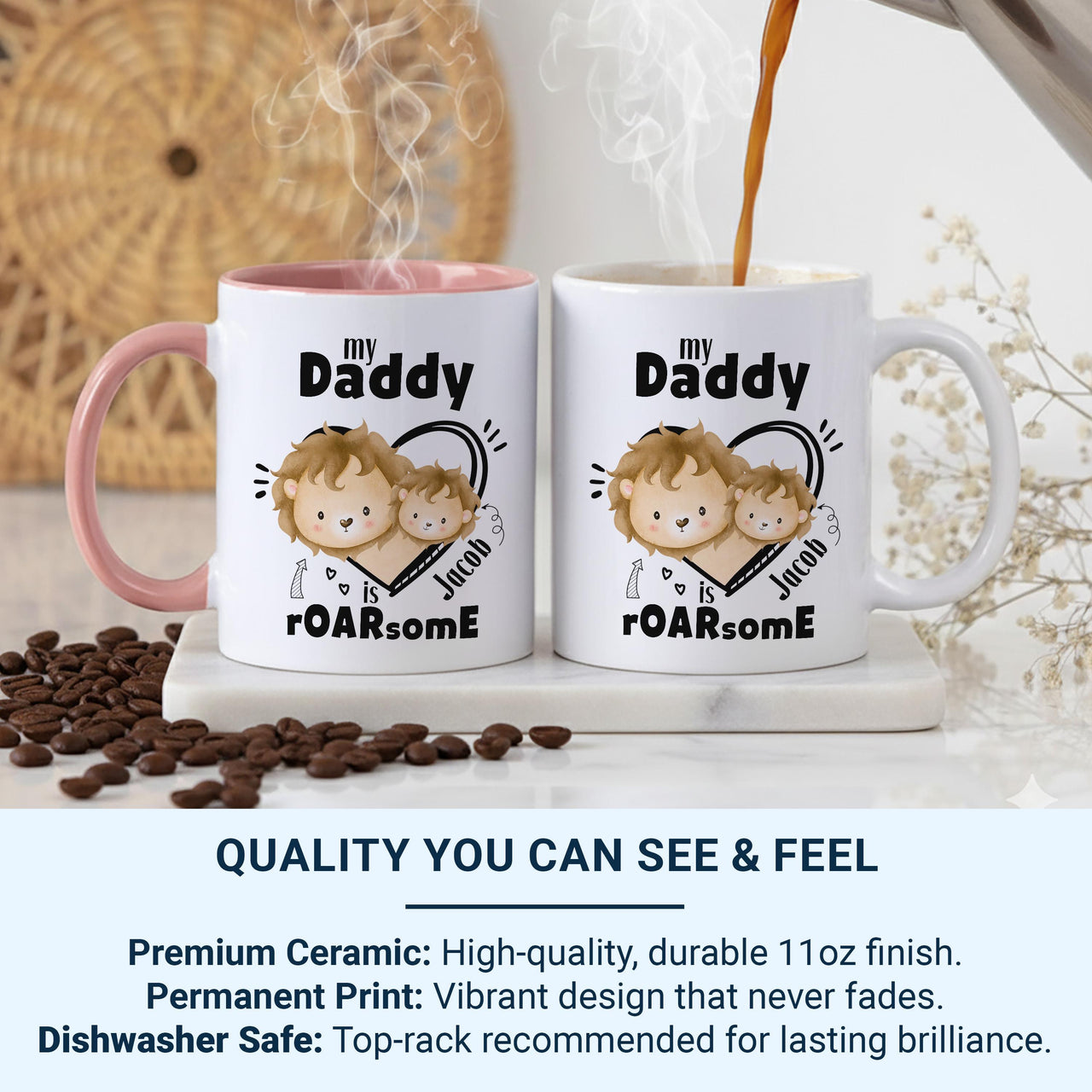 My Daddy Is rOARsome Mug – Personalised Lion and Cub Design with Child’s Name – Father’s Day Gift from Kids