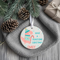Dinosaur Christmas Ornament - Pink Dino with Candy Cane & Name for Kids
