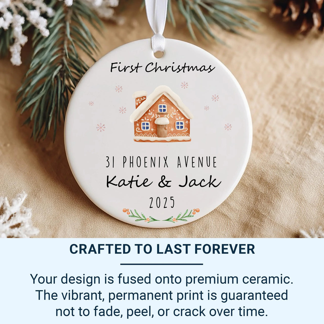 New Home Christmas Ornament with Gingerbread House Design, Personalised Xmas Keepsake, Our First Home Cute Ornament, First Christmas Bauble