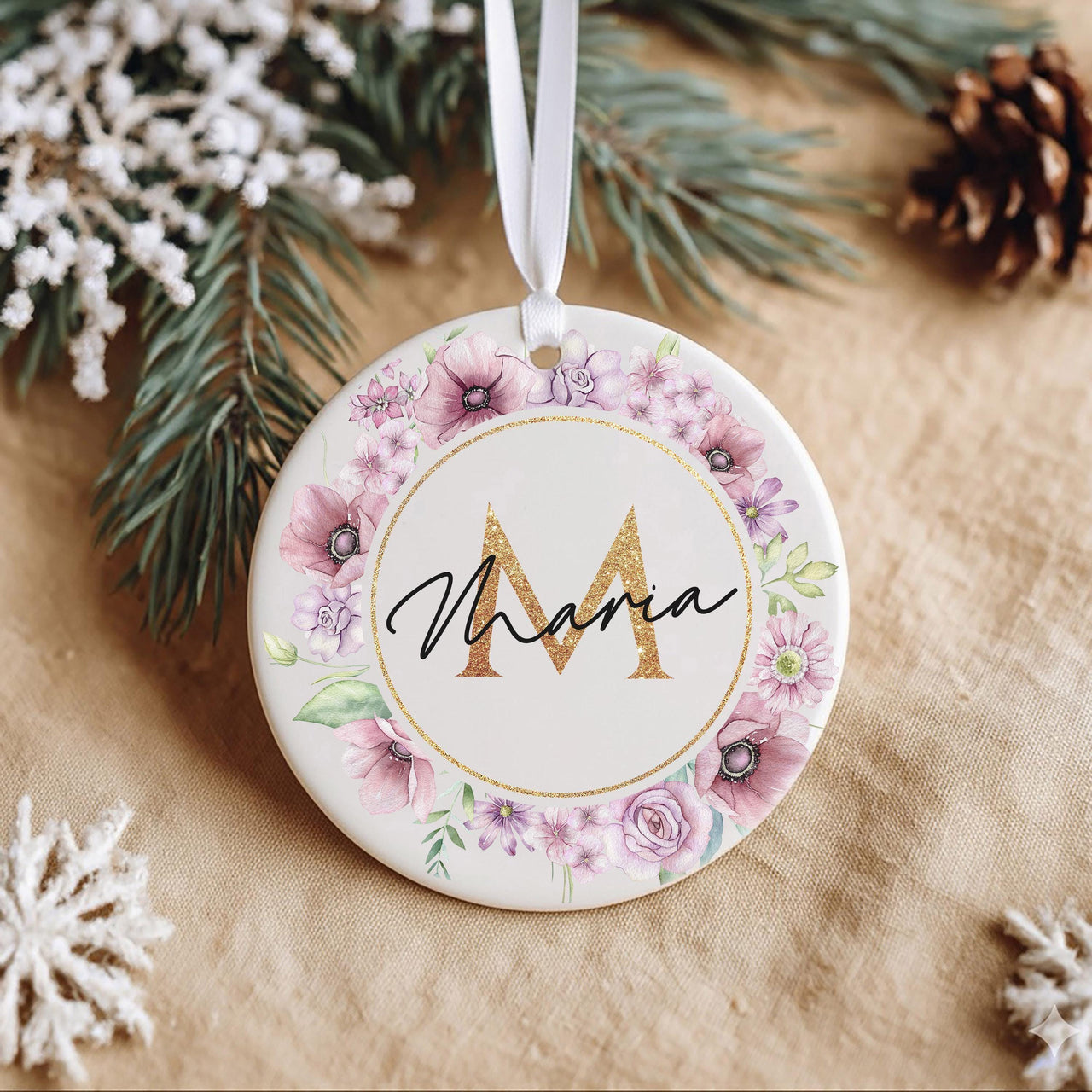 Floral Monogram Ornament - Elegant Name Keepsake with Initial for Family Tree