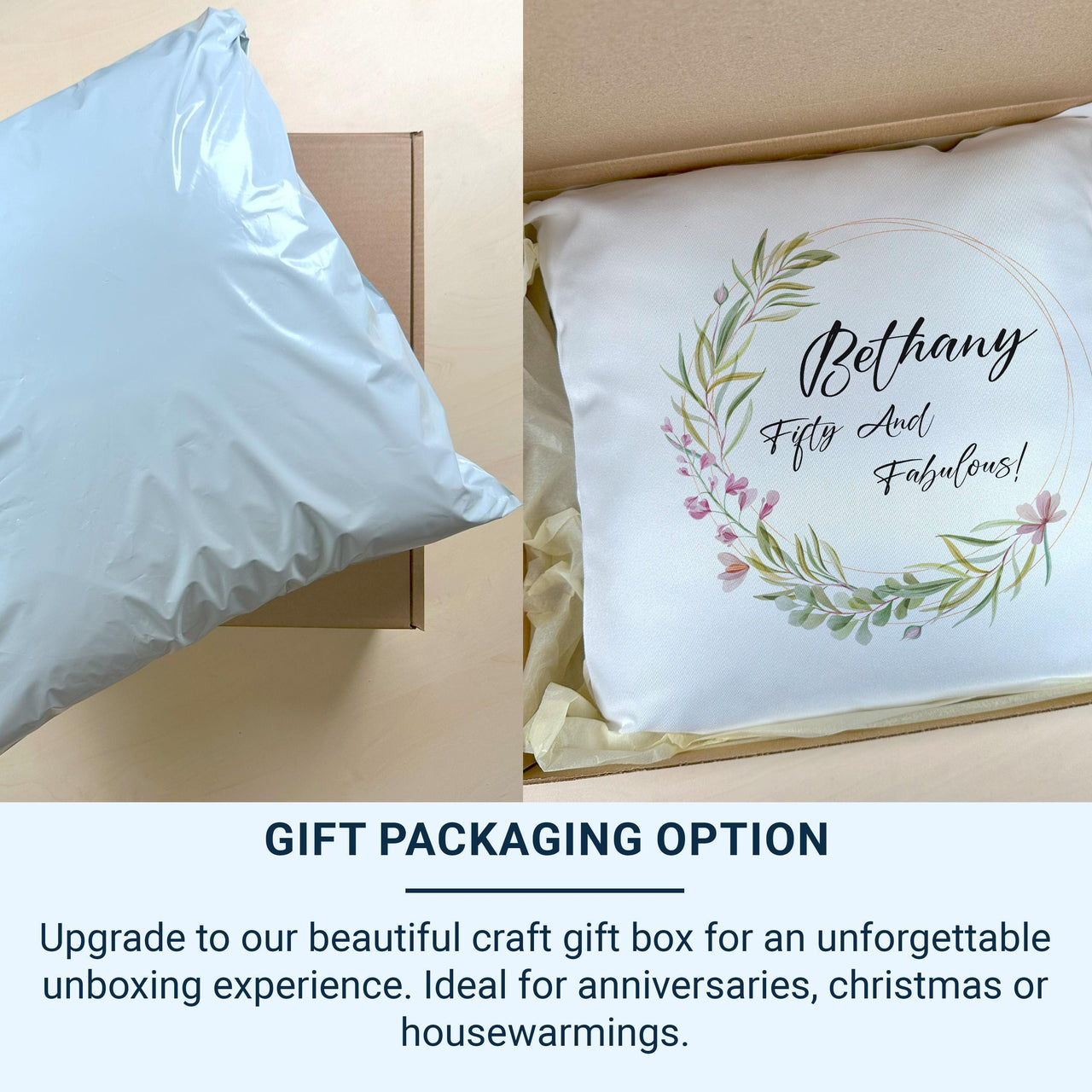 Personalised 50th Birthday Cushion with Floral Wreath - “Fifty and Fabulous” Name Keepsake for Her