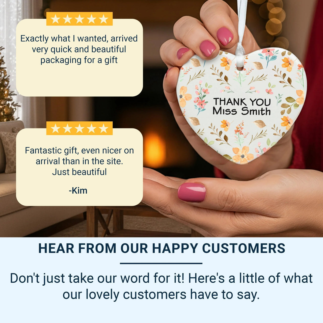 Teacher Heart Ornament - Colourful Floral Thank You Keepsake with Name DENMARY