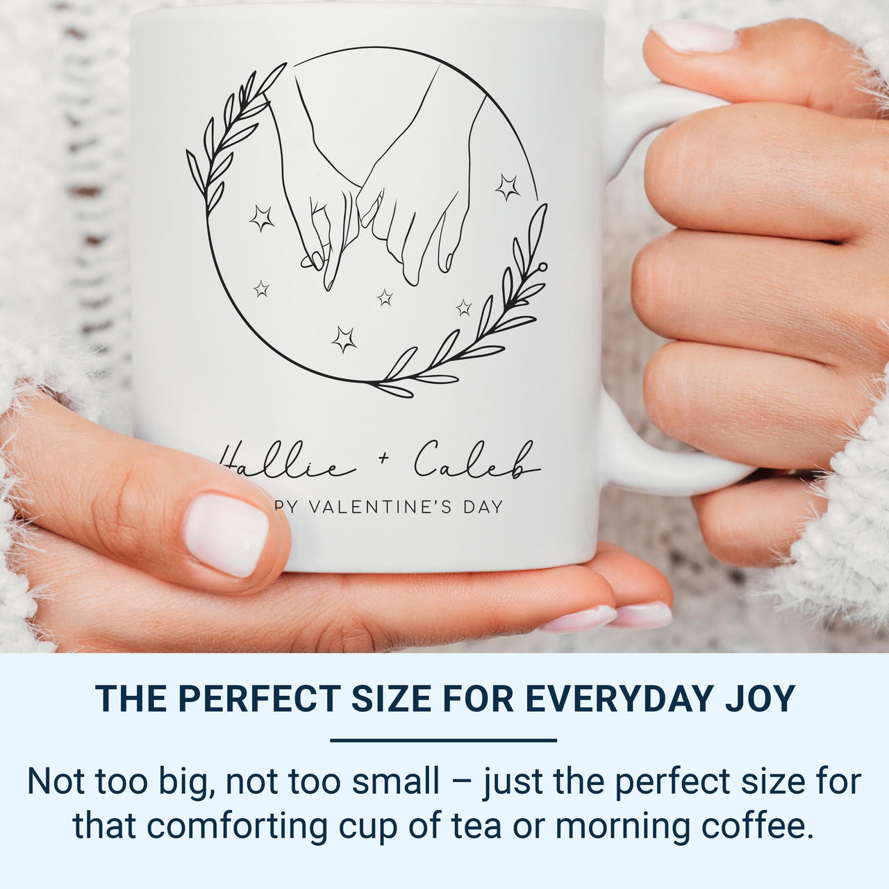 Happy Valentine’s Day Mug – Personalised Couple Names with Starry Hands Motif – Romantic Anniversary and Engagement Gift