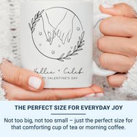 Happy Valentine’s Day Mug – Personalised Couple Names with Starry Hands Motif – Romantic Anniversary and Engagement Gift