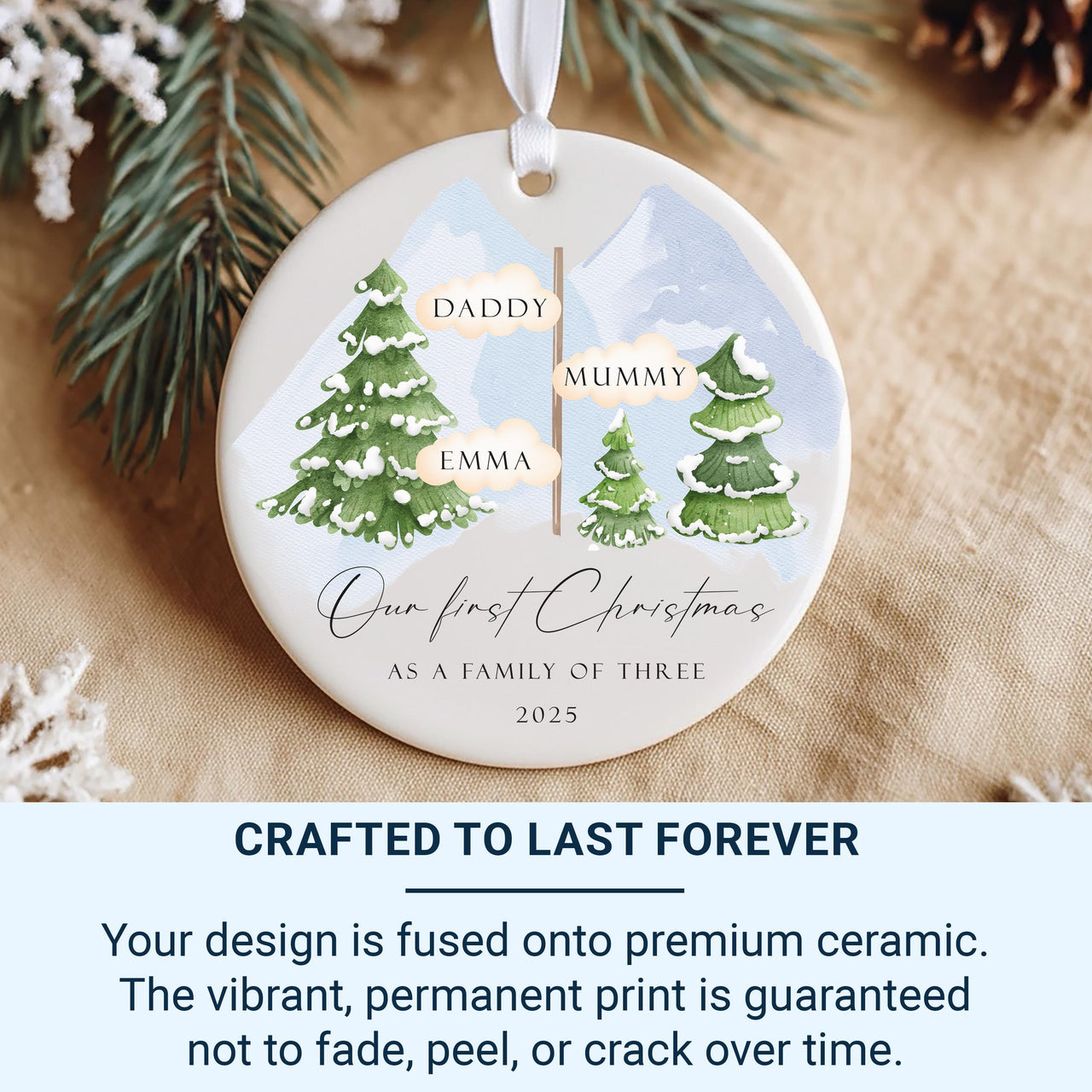 First Christmas as Family of Three Ornament, Personalised Xmas Bauble, Best Gift for Family, Present for Parents, Christmas Tree Decoration