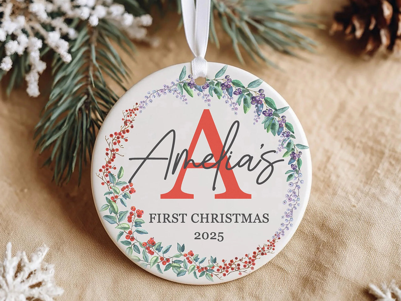 Baby First Christmas Ornament 2025 - Floral Wreath with Initial & Name