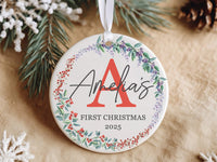 Baby First Christmas Ornament 2025 - Floral Wreath with Initial & Name