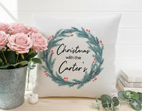 Personalised Christmas Wreath Cushion - Festive Holiday Keepsake with Family Name