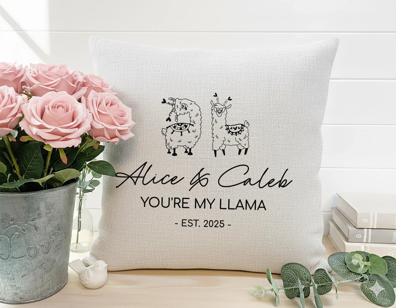 Personalised Llama Cushion – Romantic Couple Gift With Custom Name & Date