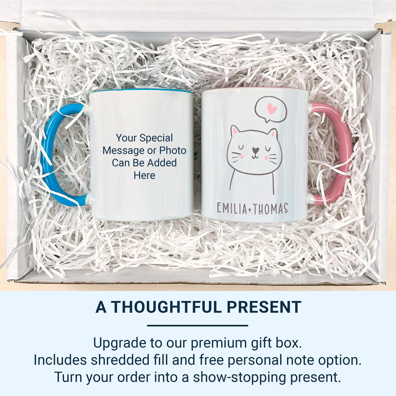 Personalised Couple Names Cat Love Mug – White Kitty with Heart Nose and Speech Bubble – Romantic Anniversary and Valentine Gift