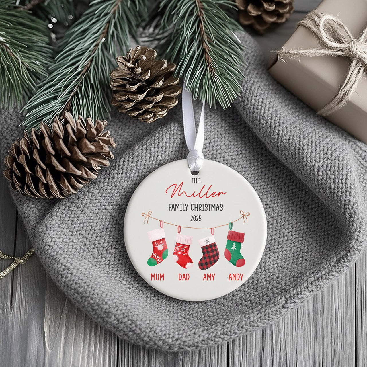 Personalised Family Christmas Ornament, Christmas Stockings Bauble, Custom Xmas Home Round Ceramic Decoration, Best Gift for Grandparents UK