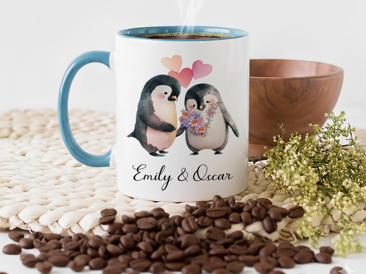 Personalised Couple Names Penguin Mug – Bouquet and Hearts – Romantic Anniversary, Engagement and Valentine Gift
