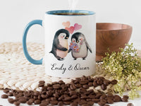 Personalised Couple Names Penguin Mug – Bouquet and Hearts – Romantic Anniversary, Engagement and Valentine Gift