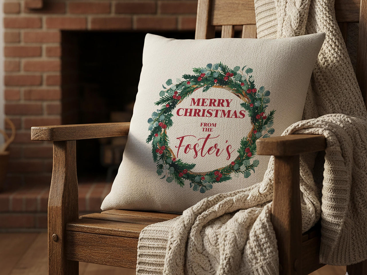 Personalised Family Christmas Cushion - Festive Wreath Keepsake with Your Family Name