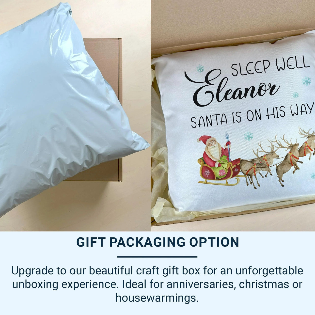 Personalised Christmas Cushion – Santa Sleigh Cushion with Custom Name & Plush Pillow