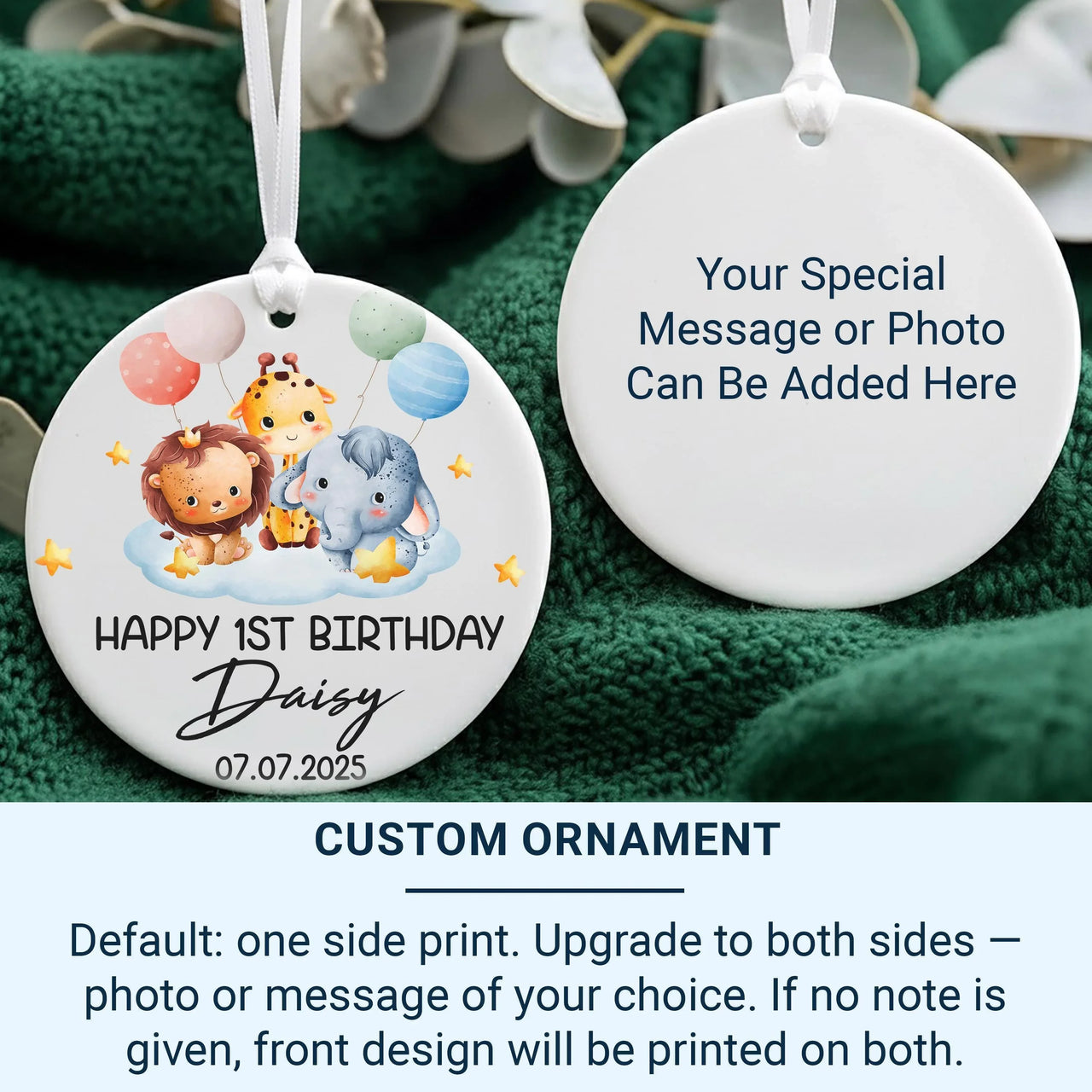 Baby First Birthday Ornament - Safari Animals Keepsake with Name & Date