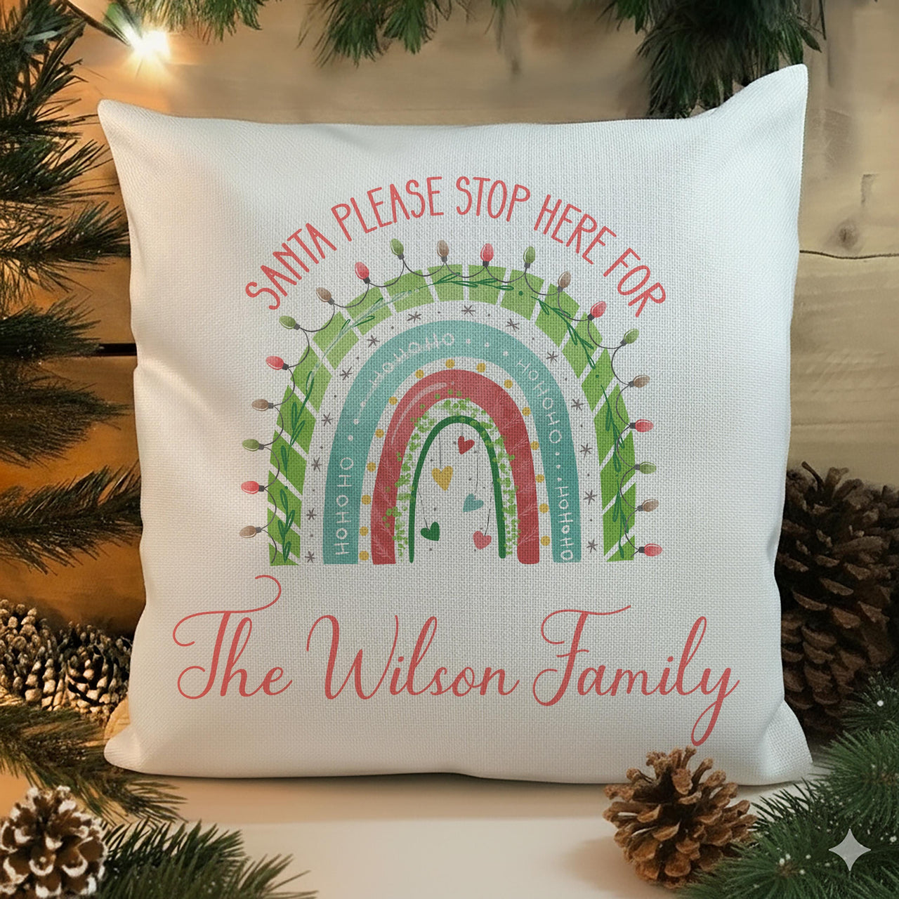 Personalised Rainbow Christmas Cushion - Cheerful Holiday Keepsake with Family Name