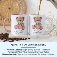 Personalised Baby Name Mug – Watercolour Teddy Bear with Heart and Script Name – New Mum, Baby Shower and Christening Gift