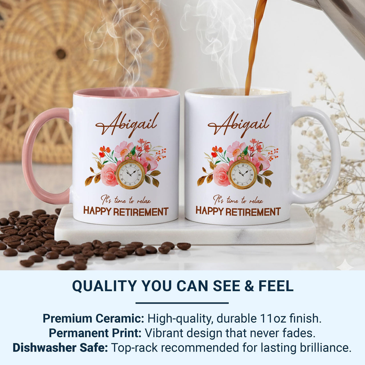 Happy Retirement Personalised Mug – “Time to Relax” Clock and Florals with Name – Office Leaving, Farewell Party and New_Chapter Gift