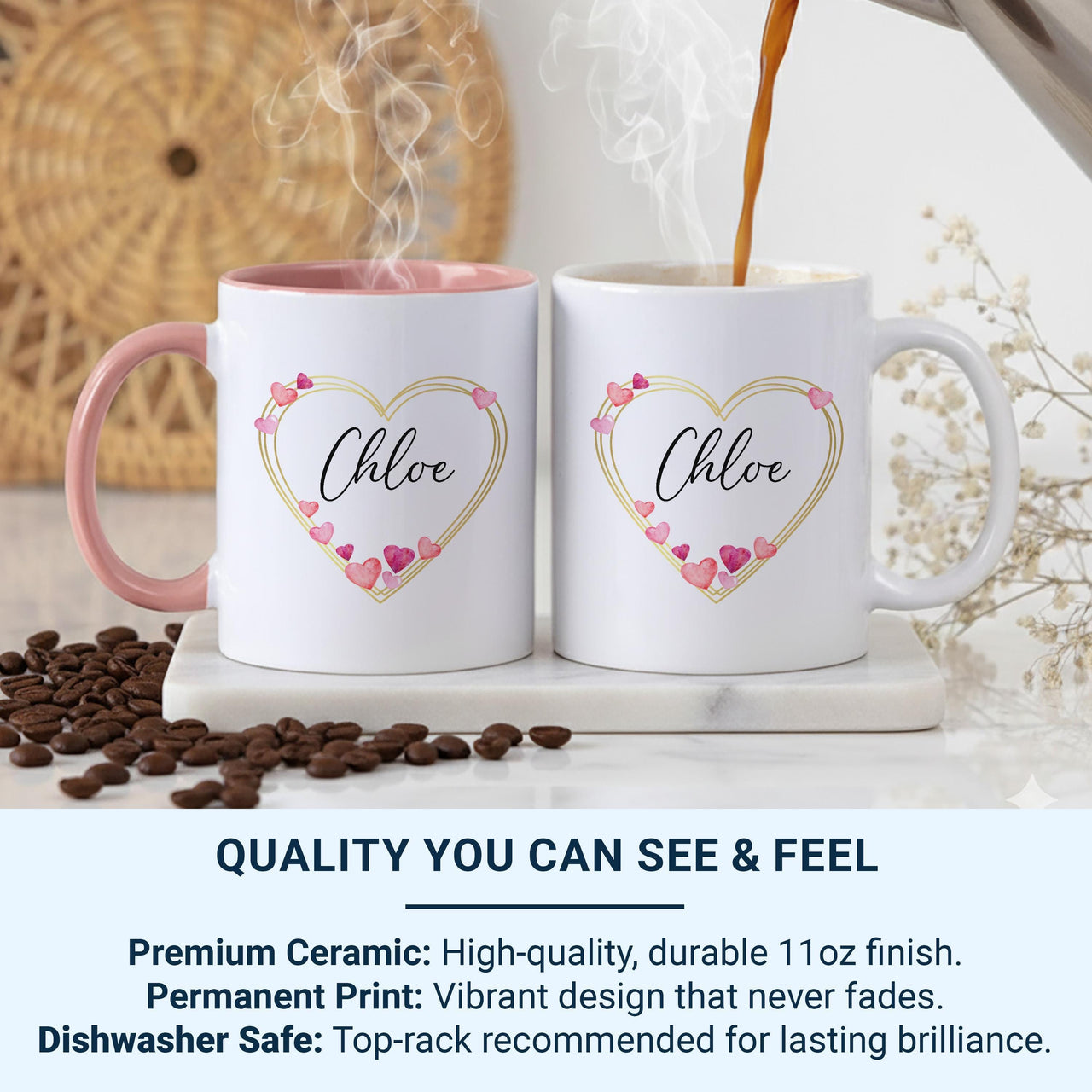 Personalised Name Heart Mug – Watercolour Hearts and Script Name – Romantic Gift for Her, Valentine’s and Birthdays