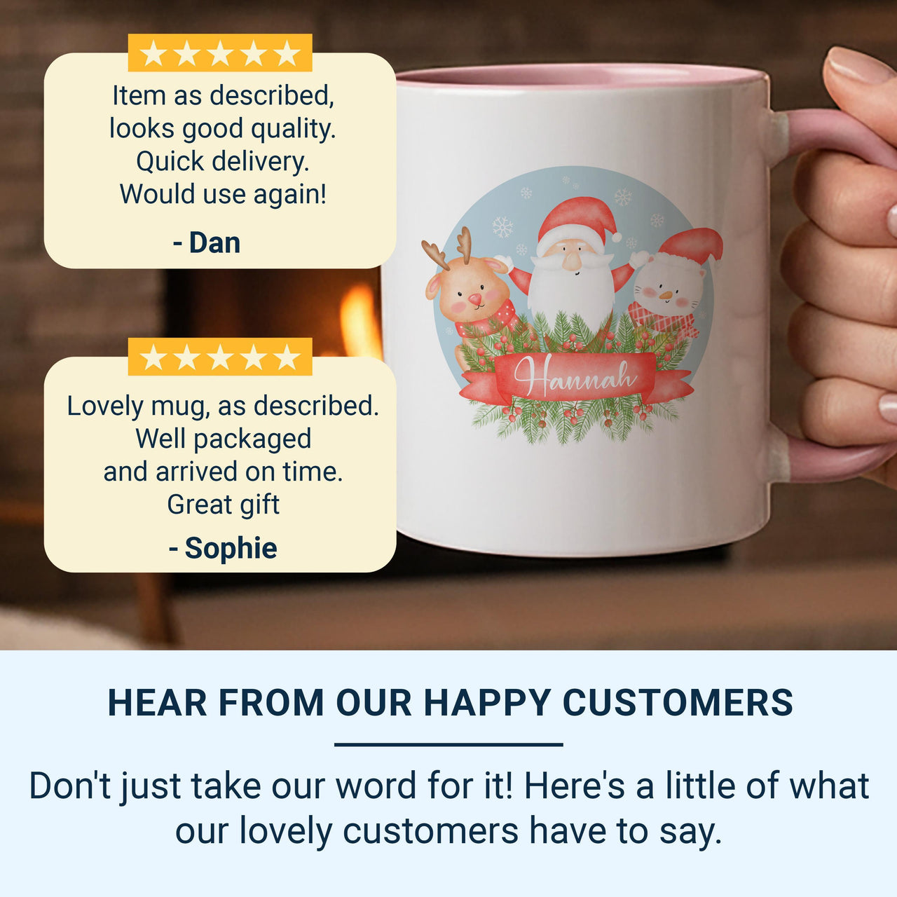 Personalised Christmas Name Mug – Santa, Reindeer and Festive Cat Scene with Ribbon – Family Holiday Morning Keepsake