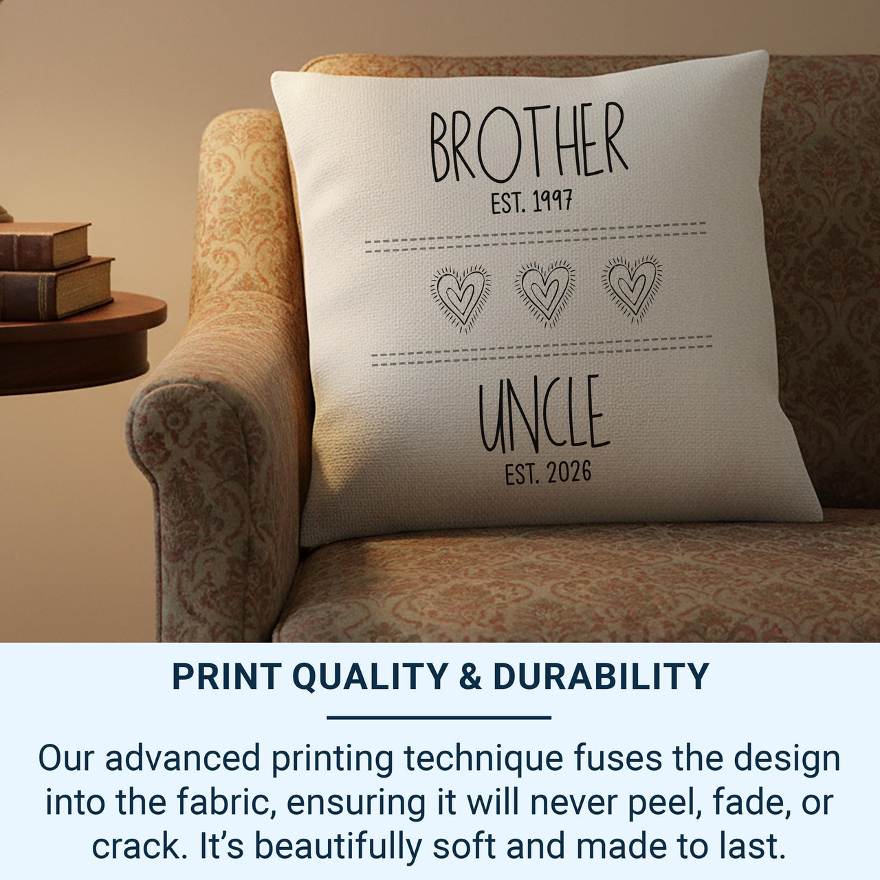 Personalised Brother and Uncle Cushion with Dates - Modern Family Name Keepsake with Heart Icons