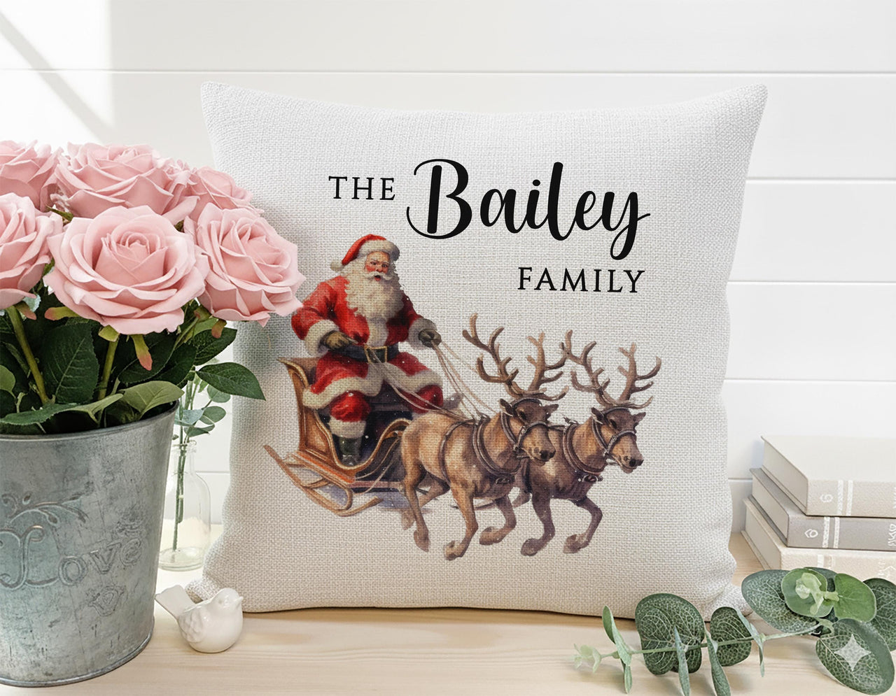Personalised Family Christmas Cushion - Vintage Santa Sleigh with Family Name
