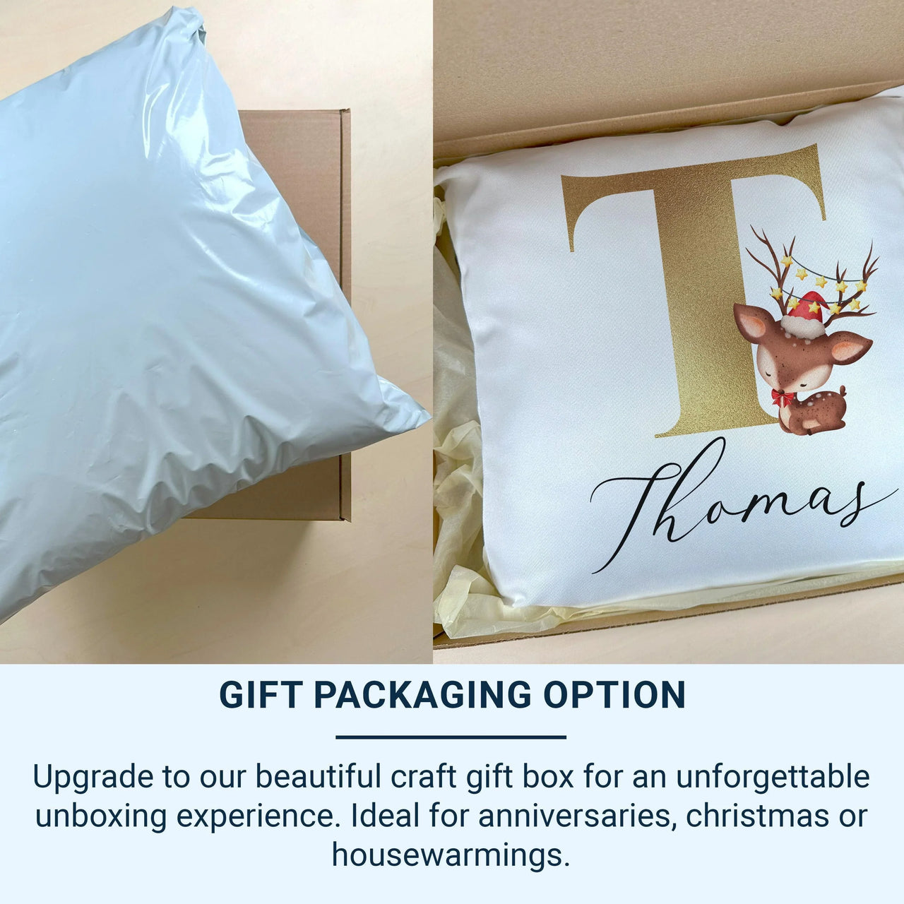 Personalised Christmas Cushion – Reindeer Design Cushion with Gold Initial Pillow
