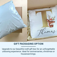 Personalised Christmas Cushion – Reindeer Design Cushion with Gold Initial Pillow