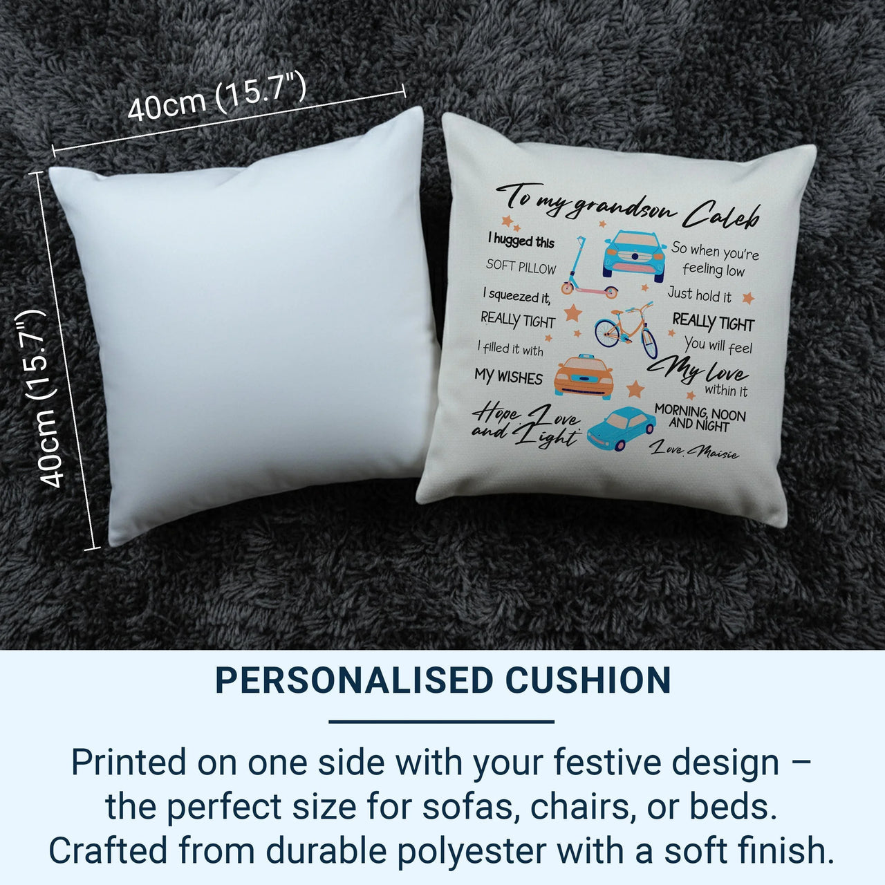 Personalised Grandson Cushion – Custom Kids Cushion with Playful Car & Stars Design