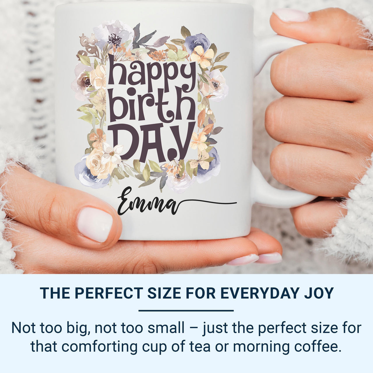 Happy Birthday Mug – Personalised Name with Watercolour Florals – Pretty Gift for Her