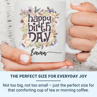 Happy Birthday Mug – Personalised Name with Watercolour Florals – Pretty Gift for Her