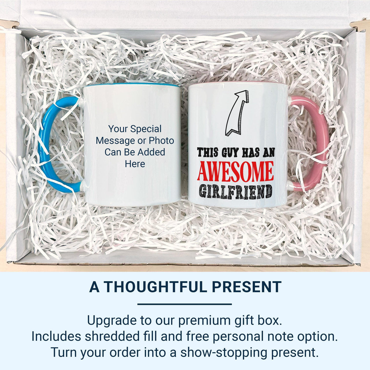 This Guy Has an Awesome Girlfriend Mug – Bold Arrow Graphic – Funny Couples and Valentine Gift for Boyfriend