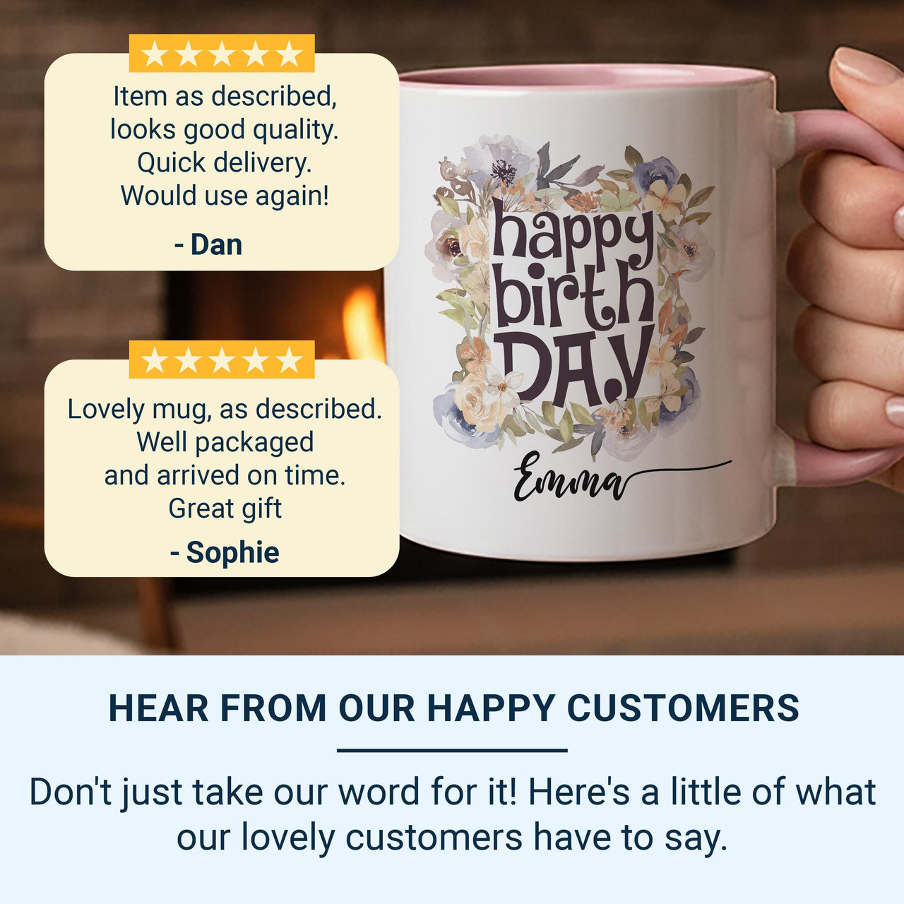 Happy Birthday Mug – Personalised Name with Watercolour Florals – Pretty Gift for Her