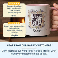 Happy Birthday Mug – Personalised Name with Watercolour Florals – Pretty Gift for Her