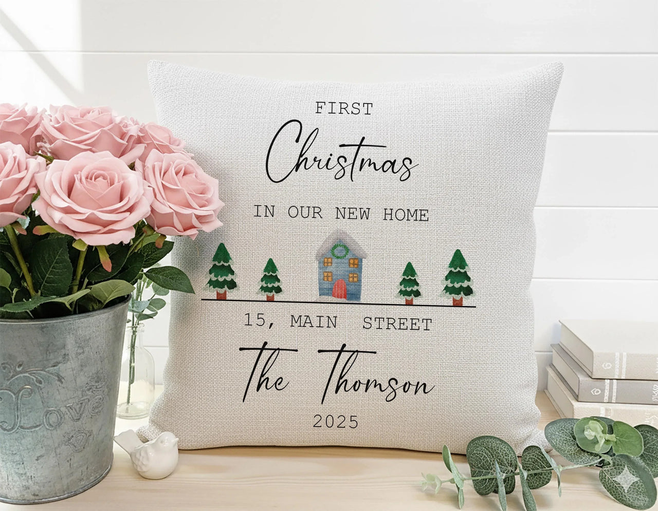 First Christmas Home Cushion – Personalised Family Name Pillow | New Home Keepsake