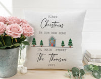 First Christmas Home Cushion – Personalised Family Name Pillow | New Home Keepsake