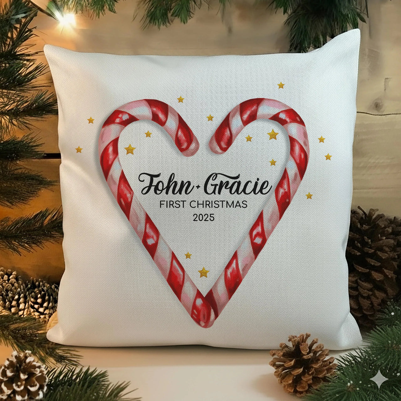 Personalised First Christmas Cushion – Custom Christmas Pillow With Romantic Candy Cane Heart