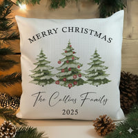Personalised Merry Christmas Family Cushion, Christmas Trees Pillowcase, Best Present for Parents or Friends, Winter Season Xmas Home Decor