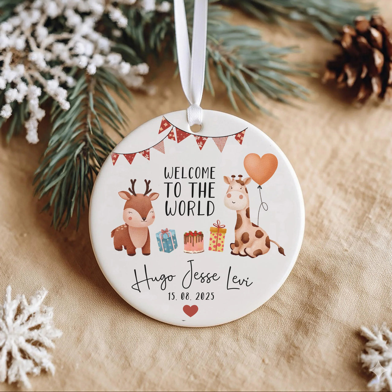 Welcome Baby Ornament - Newborn Keepsake with Giraffe for Nursery & Christening