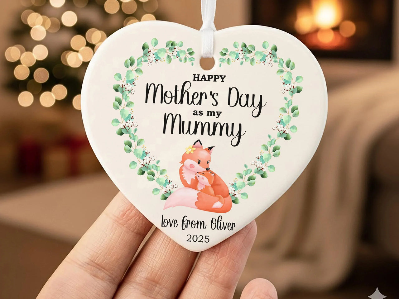 Fox Mother Day Heart Ornament - Leafy Keepsake with Name & Message for Mummy DENMARY