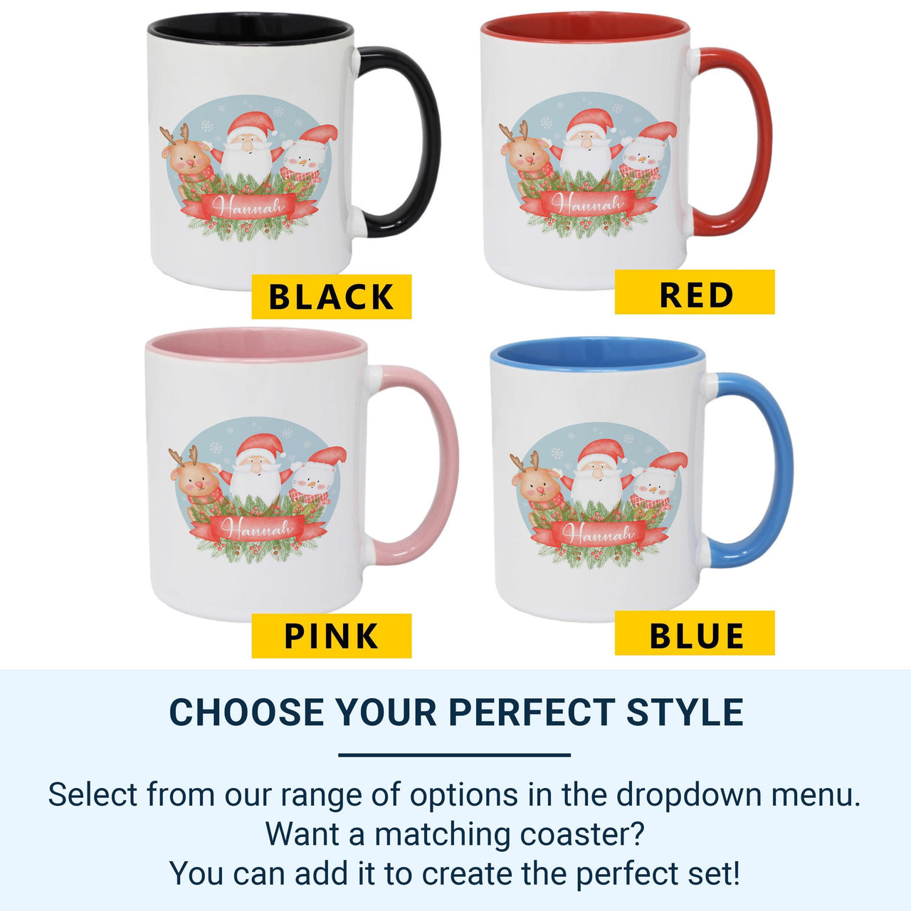 Personalised Christmas Name Mug – Santa, Reindeer and Festive Cat Scene with Ribbon – Family Holiday Morning Keepsake