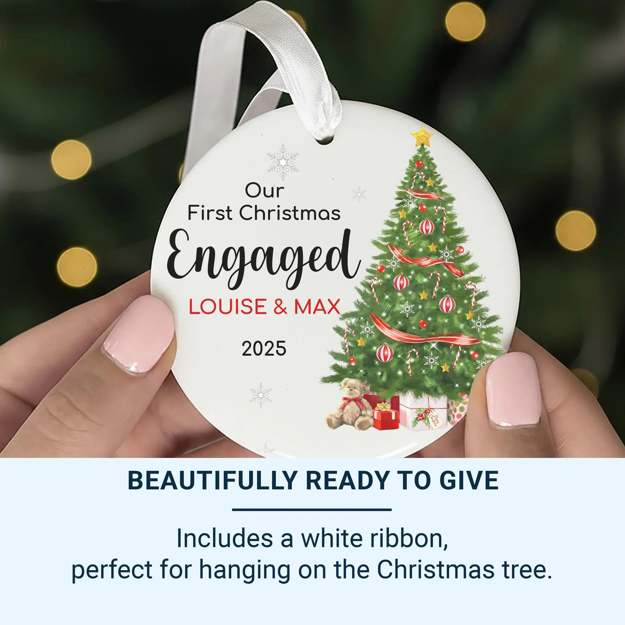 First Christmas Engaged Ornament - Tree & Gifts Keepsake with Names for 2025