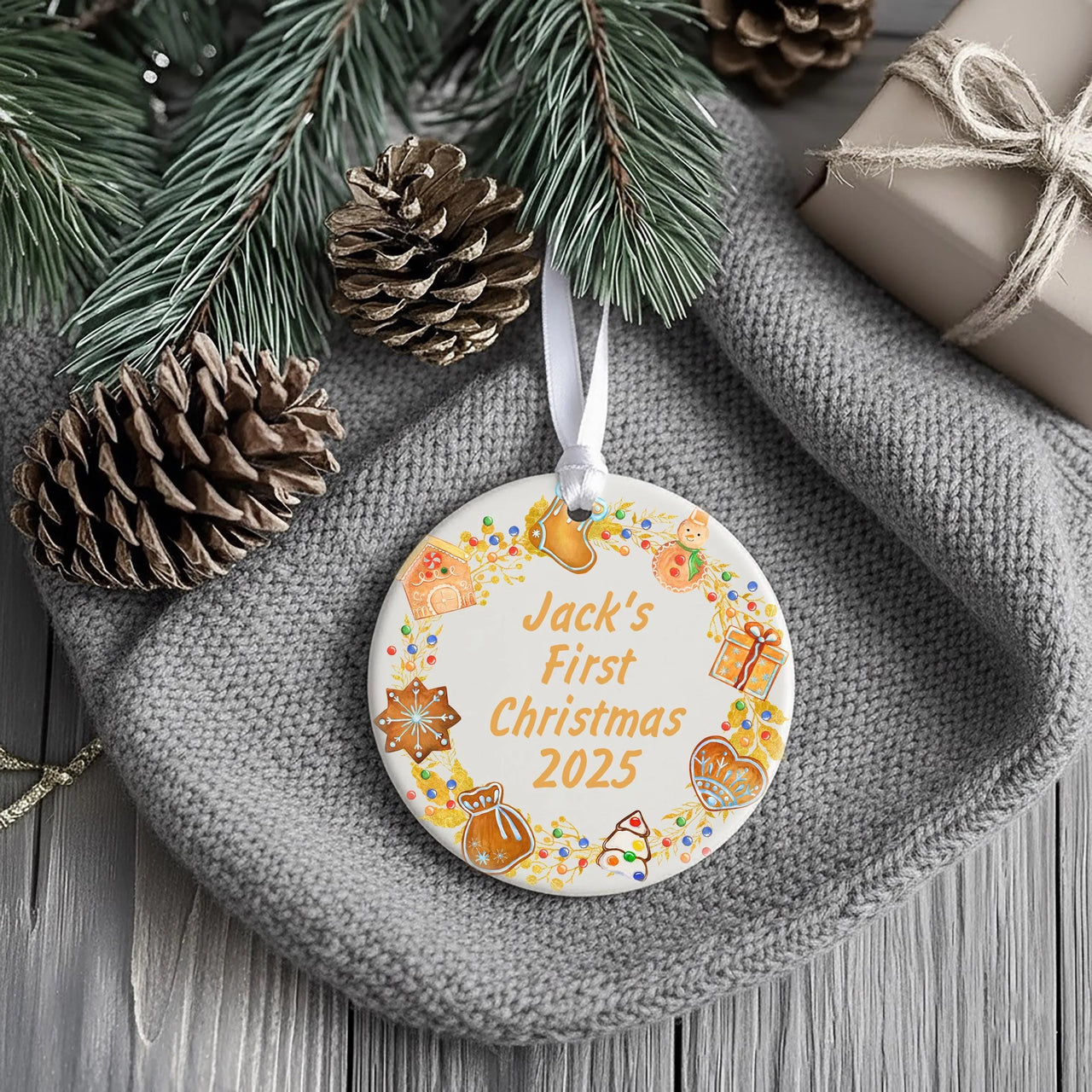 Baby First Christmas Ornament - Festive Icons Keepsake with Name & Year for Newborns