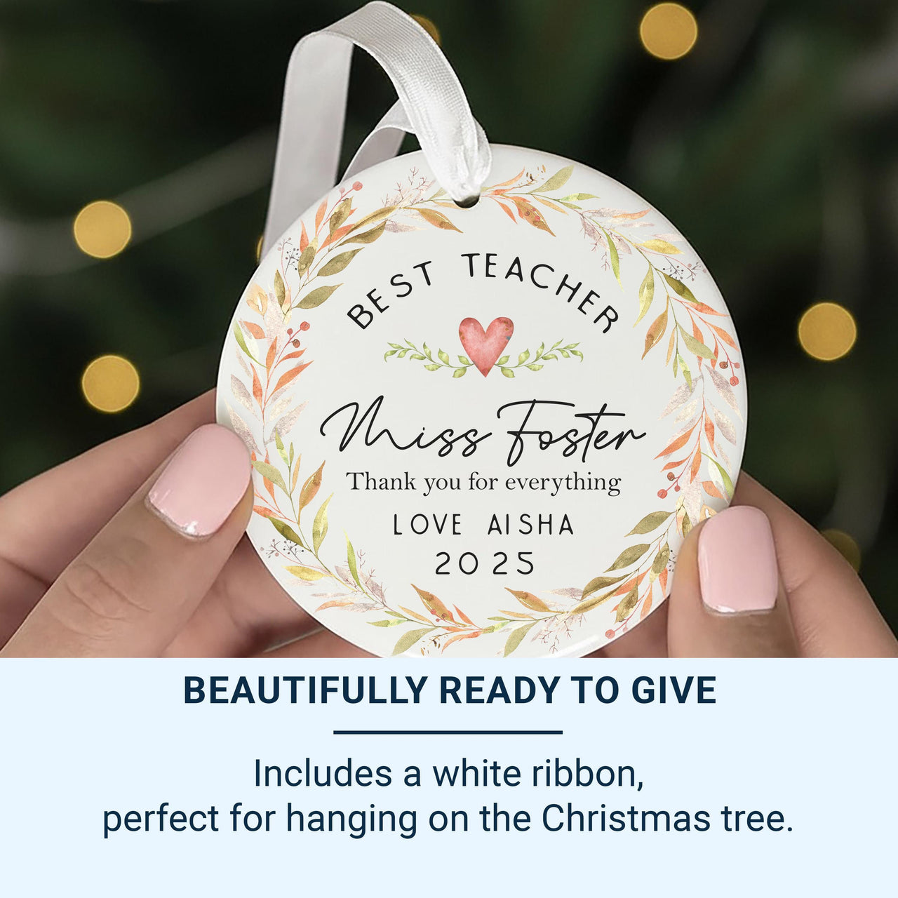 Teacher Thank You Ornament - Floral Keepsake for End of Term & Leaving Gift with Custom Name
